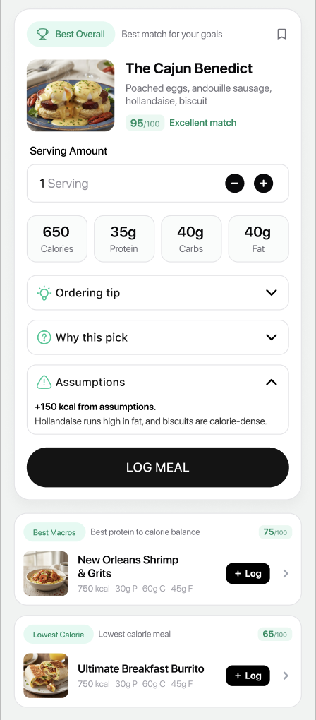 Synopsis menu scanner recommending The Cajun Benedict based on the user’s goals